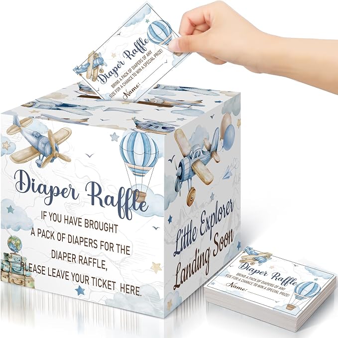 Teling 51 Pieces Diaper Raffle Tickets with Card Box Baby Shower Decorations Baby Shower Holder Box for Girl Boy Diaper Raffle Party(Airplane Style)