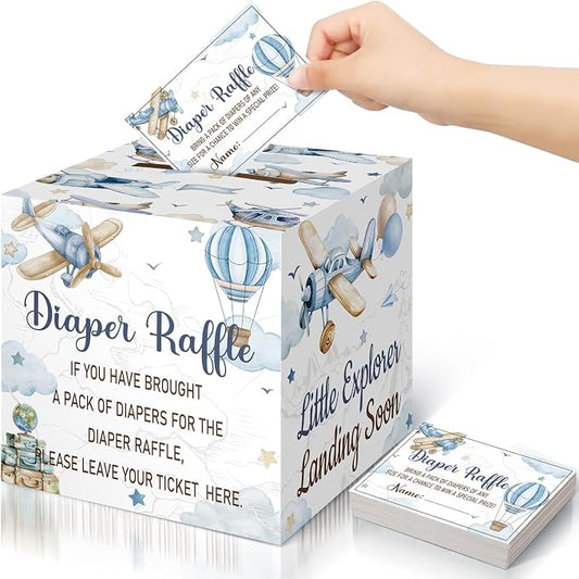 Teling 51 Pieces Diaper Raffle Tickets with Card Box Baby Shower Decorations Baby Shower Holder Box for Girl Boy Diaper Raffle Party(Airplane Style)