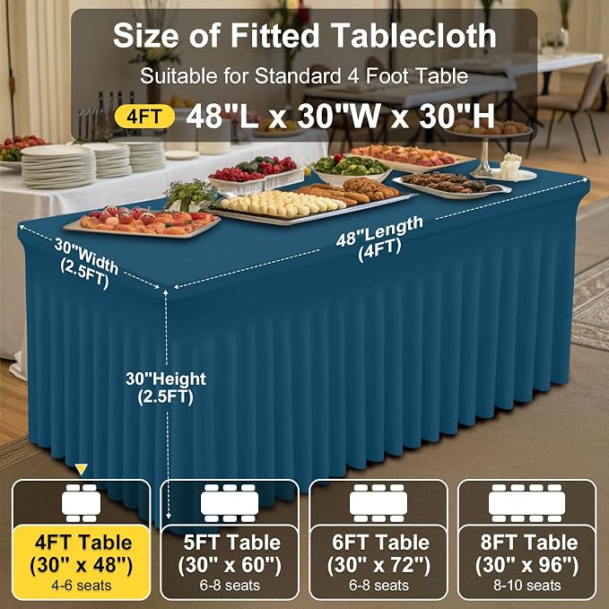 Smiry Spandex Tablecloth, Elastic Fitted Stretch Tablecloth for 4FT Rectangle Tables, Waterproof Washable Table Cover Skirt for Outdoor, Wedding, Banquet & Parties (Peacock Blue, 48Lx30Wx30H Inch)