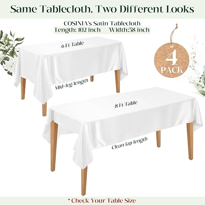 4 Pack White Satin Tablecloth 58 x 102 Inches, Rectangular Satin Table Cloths for Wedding Reception, Birthday Party, Graduation & Holiday Banquet Tables