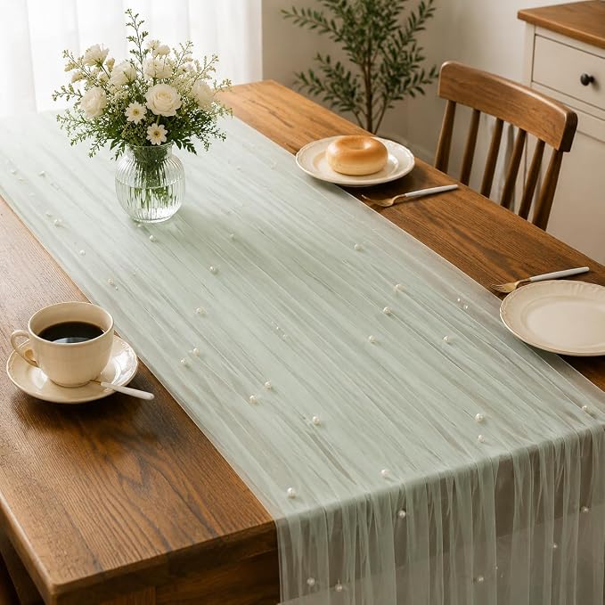 Pearl Sage Gauze Pearl Table Runner 120 Inch 10FT, Seasonal Sheer Dining Holiday Wedding Birthday Baby Shower Tulle Summer Table Decor for Home Party