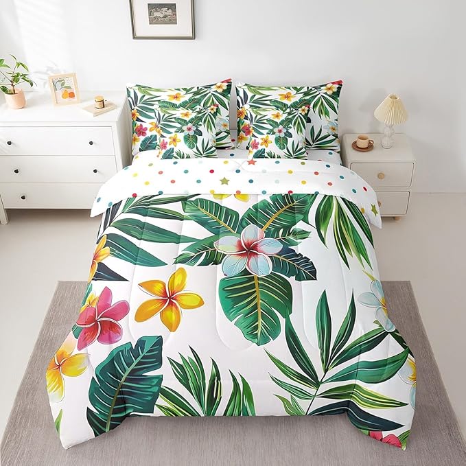 jejeloiu Palm Leaf Comforter Set with Sheets Twin Size 7 Pieces Kids Tropical Leaves Pattern Bedding Set for Boys Girls Summer Tree Branches Nature Theme Flowers Bed in a Bag Room Decor