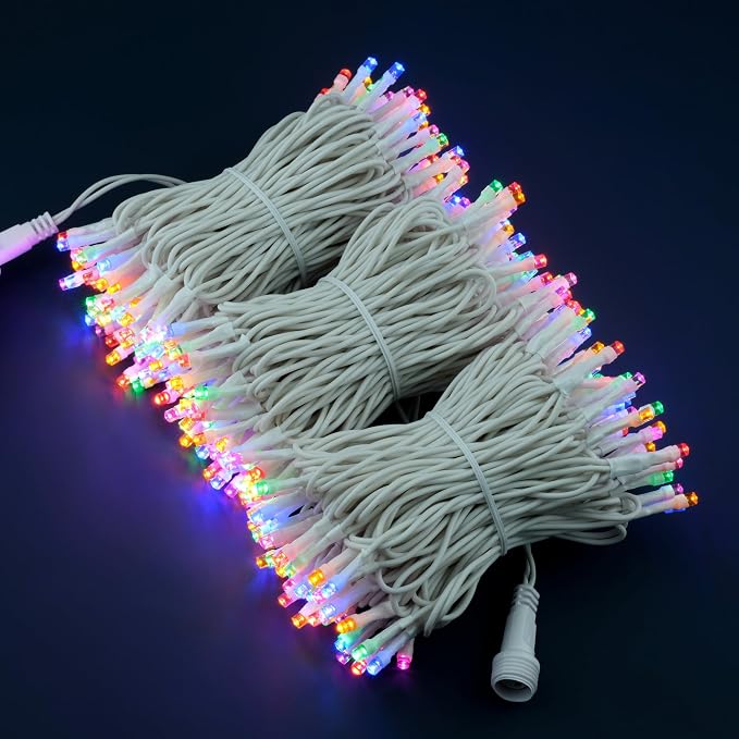 YULETIME 300 Multicolor String Lights, 100 ft 8 Models White Wire 5mm LED | Wide Angle Bulbs, Safe 29V Adapter, Multimode Lighting, Connectable, 100' Total Length, 1-Strand 300 Lights, 4" Spacing