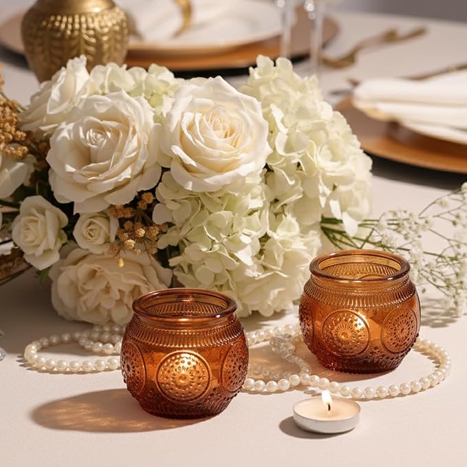 24 Pcs Amber Candle Holders- Floral Style Vintage Candle Holder for Rustic/Boho Wedding Table centerpieces, Bridal Shower, Baby Shower Decoration