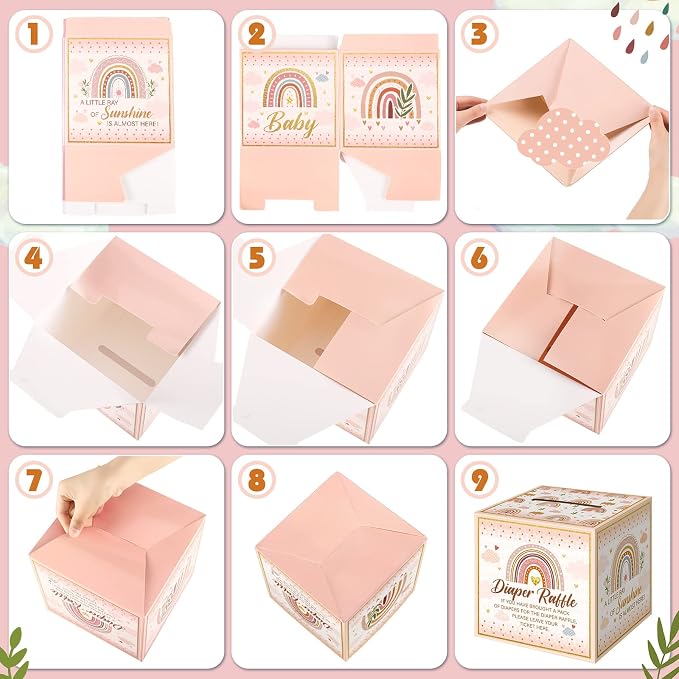 Teling 51 Pieces Diaper Raffle Tickets with Card Box Baby Shower Decorations Baby Shower Holder Box for Girl Boy Diaper Raffle Party (Rainbow)