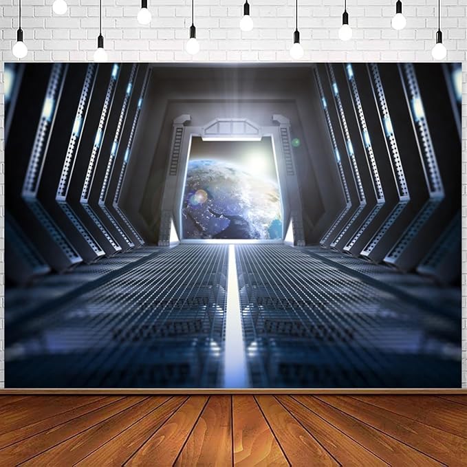 12x8FT Spaceship Interior Backdrop Outer Space Station Galaxy View Science Fiction Theme Photography Background for Kids Adults Birthday Baby Shower Party Decorations Photo Studio Props