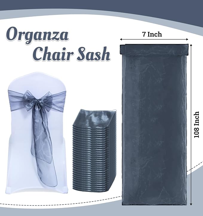 MDS® Pack of 75 Organza Chair Sashes for Wedding Decoration, Reusable Sheer Chair Bows for Banquet Chair Cover, Reception, Bridal Shower, Baby Shower, Birthday Party & Special Events - Silver Grey