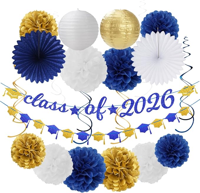 2026 Blue Class-Congratulations Prom Graduation Party-Decorations - 22pcs High School College Grad Supplies Decor, Royal Navy White Gold Tissue Pom Poms Streamers, Paper Flowers Lanterns Hugmoon
