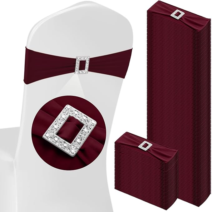 VitalCozy 100 Pcs Spandex Chair Sashes with Square Buckle Slider Stretch Chair Cover Band Universal Elastic Ties Straps Bows for Wedding Banquet Event Party Decoration(Burgundy)