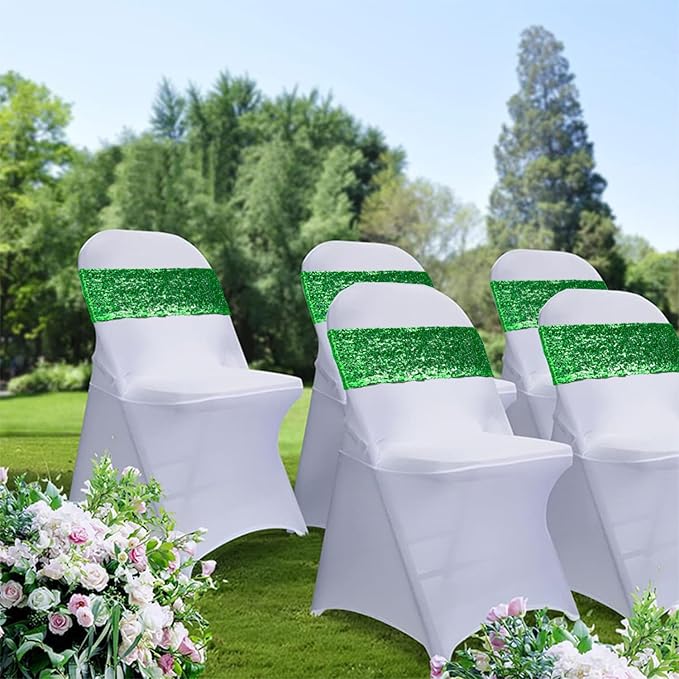 Sequin Green Chair Sashes 100 Pack Glitter Christmas Chair Bows Emerald Green Chairs Bands with Buckles for Wedding Birthday Party Bridal Shower Anniversary Engagement Events Decorations
