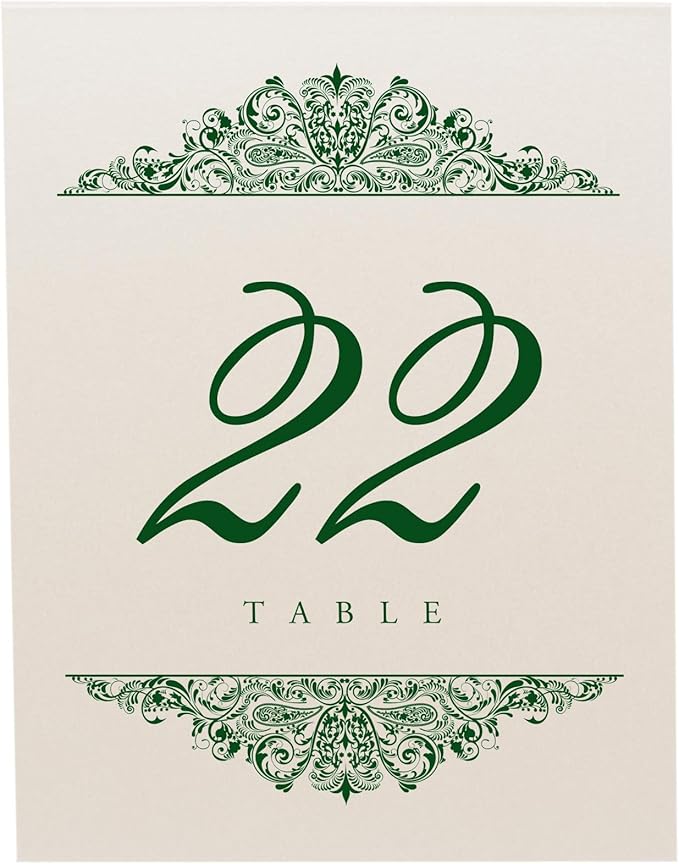 Paisley Wedding Table Numbers (Select Color/Quantity), Champagne, Hunter Green, 1-40, Double Sided, Tent or Use in a Stand, Great for Parties & Restaurants - Made in the USA