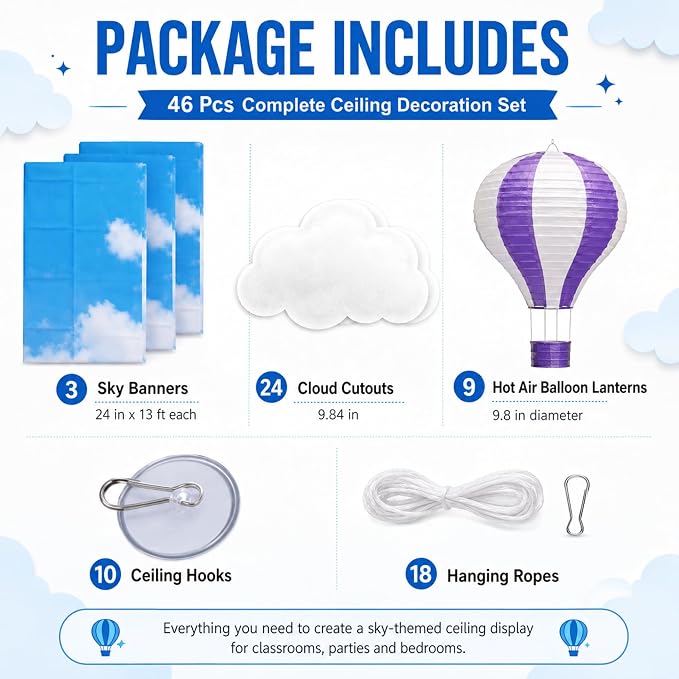 46 Pcs 2026 Hot Air Balloon Hanging Ceiling Decoration for Classroom 24" x 13ft Blue Sky and Clouds Banner 3D Paper Lantern Cloud Hanging Ornament, Hook for Back to School Party Class Decor