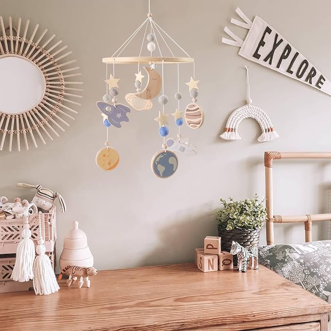 Space Nursery Mobile - Crib Mobile for Babies - Wooden Baby Mobile -Solar System Crib Mobile Astronaut Theme Nursery Bed Decoration,Gift for Newborn (Blue Space)