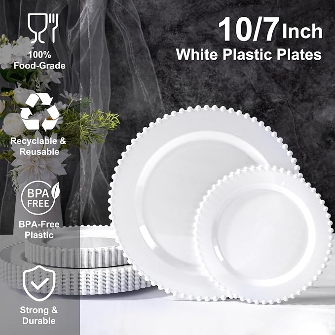 U-QE 60PCS White Plastic Plates - Fancy Beaded Plates Disposable Heavy Duty - Premium Hard Plastic Plates for Party, Wedding & Birthday Including 30 Dinner Plates 10" & 30 Dessert Plates 7"