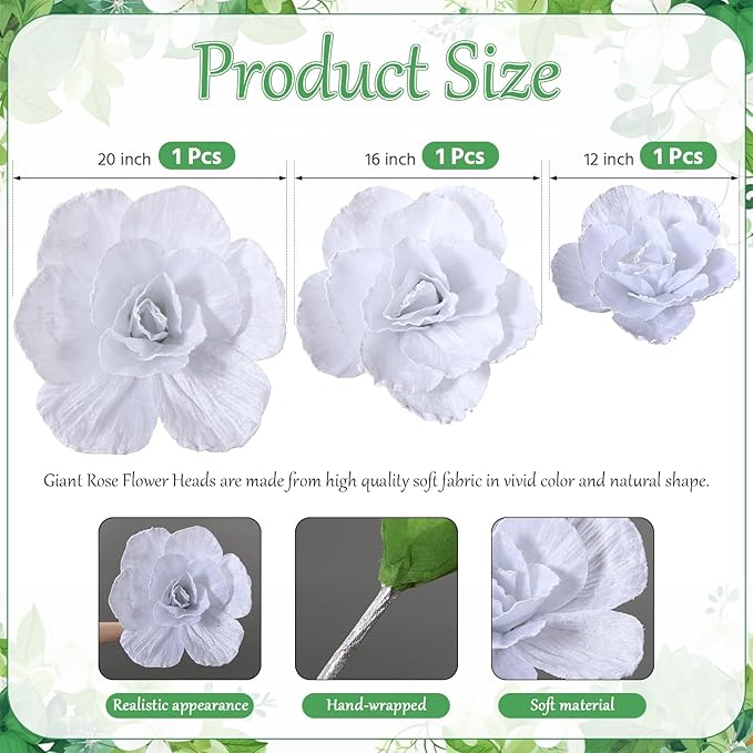 Norme 3 Pcs Artificial Giant Flowers for Decoration 12, 16, 20 Inch Wedding Large Rose Petals Giant Flowers Large White Rose for Wedding, Home Decor, Anniversary Birthday Valentine's Day