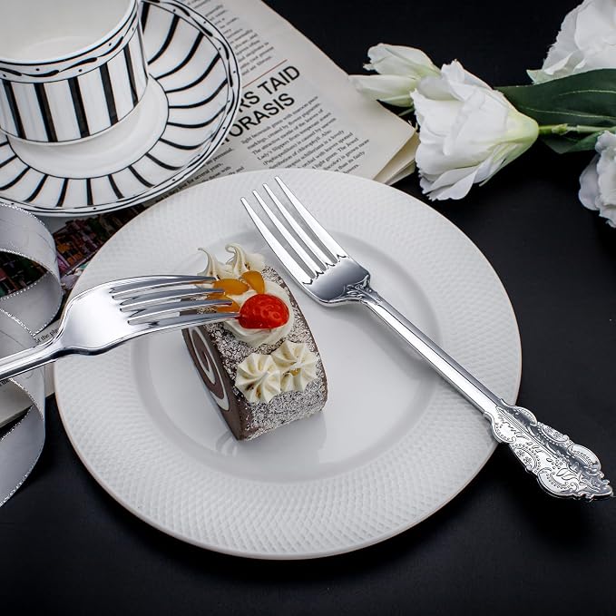 WDF 100 Piece Silver Forks Disposable - 7.48 Inch Silver Plastic Forks - Baroque Silverware for Dessert Cake - Heavy Duty Plastic Fork for Party Wedding or Daily Using Baby Shower Spring