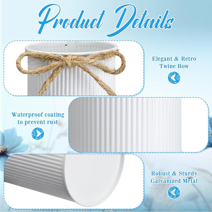 Rustic Vase for Table Centerpieces 4.33 Inch Small Petite Flower Vase with Twine Bow Vintage Farmhouse Decor for Wedding Reception Dining, Home Galvanized Metal Buckets(White,24 Pcs)