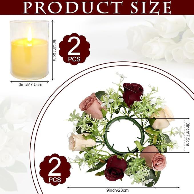 2 Sets Rose Candle Rings Wreaths, 3 Inch Artificial Flowers Candle Rings with LED Flameless Candles Burgundy Pink Eucalyptus for Table Centerpieces Home Wedding Party Decor