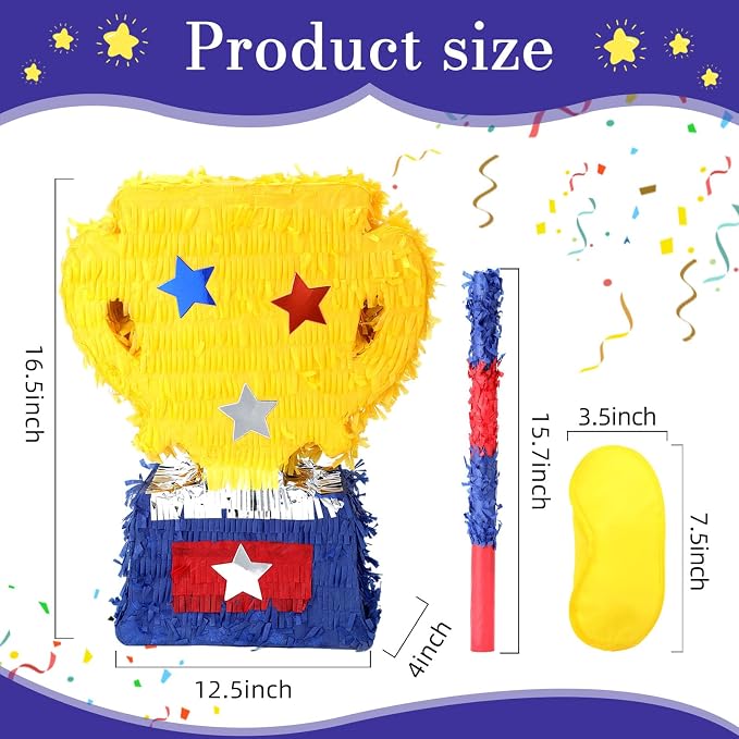 Gold Trophy Pinatas Bundle with a Blindfold and a Bat (Small Size 15.5 x 13 x 4 Inches), Perfect for Sport Team School Event Parties, Champion Award Ceremony Party Decorations Games