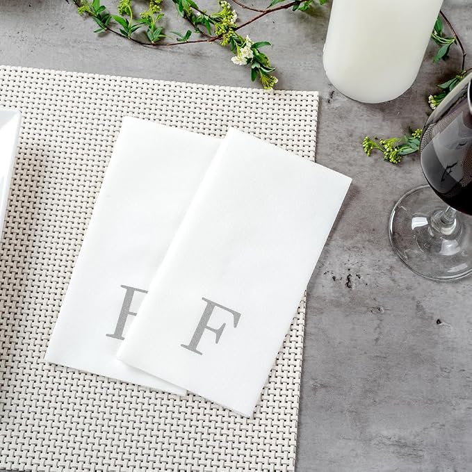 Luxenap 15.8 X 7.9 Inch Linen-Feel Guest Towels, 2000 Lettered Hand Towels - Silver Letter 'F', Sans Serif Font, White Paper Dinner Napkins, airlaid, For Restrooms And Tables - Restaurantware