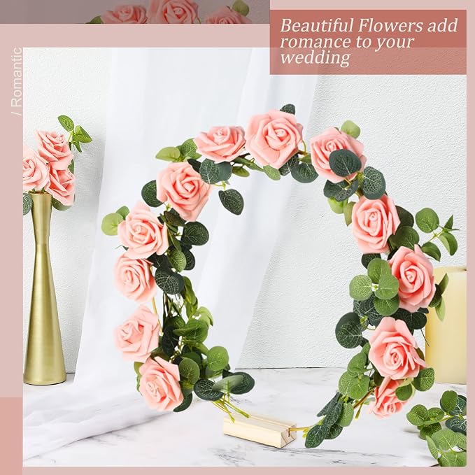 15 Pcs Metal Floral Centerpiece Table Decorations Hoop Centerpiece with Stand Gold Centerpieces for Table 15 Wooden Holders 30 Artificial Flowers 30 Leaves for Wedding DIY Craft Decor(14 Inch,Pink)