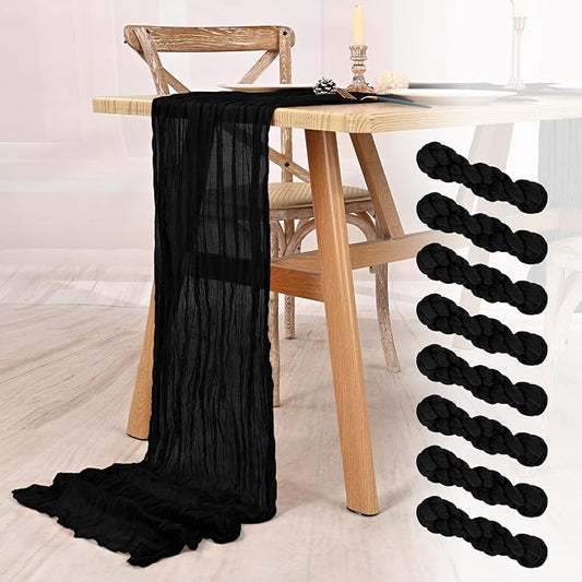 8 Pack Black Cheesecloth Table Runner 10FT Boho Gauze Cheese Cloth Table Runner Rustic Sheer Fabric Table Runners for Wedding Bridal Shower Baby Shower Party(21.5×120 Inch)