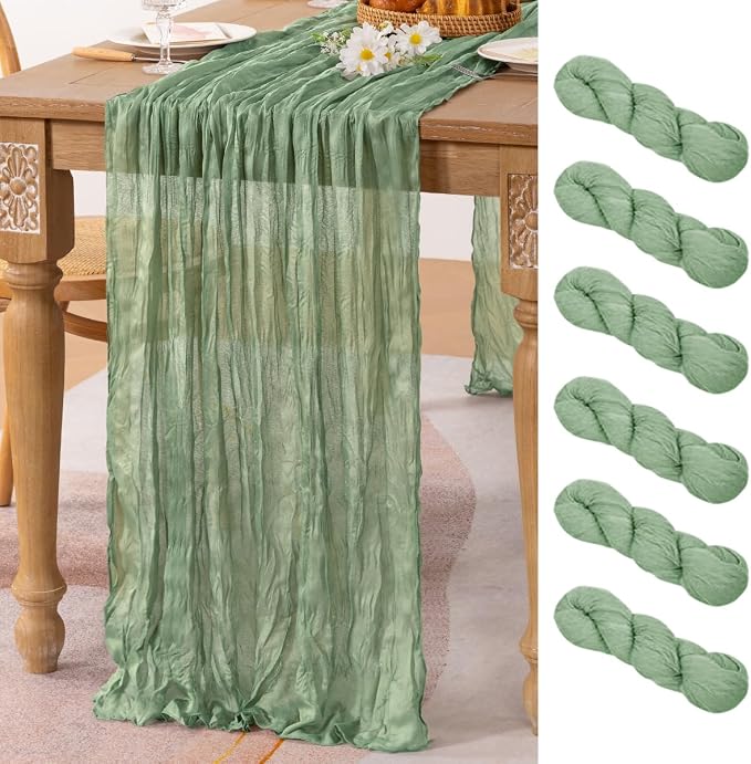 MLMC 6 Pack Sage Green Table Runner 10ft Rustic Boho Cheesecloth Table Runner Summer Cheese Cloth Centerpiece Decor 65x120 Inches for Wedding Bridal Baby Shower Decor