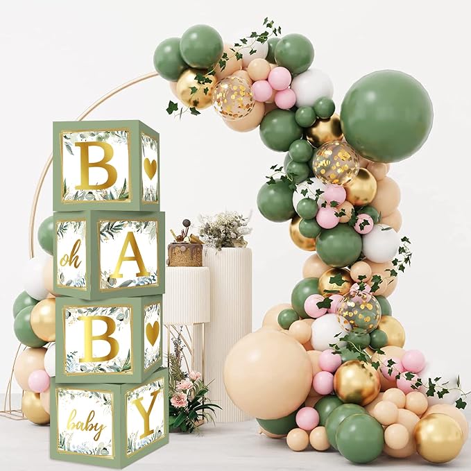 RUBFAC Baby Shower Boxes with Letters, 4pcs Sage Green Baby Shower Decorations for Boy Girl Balloon Boxes Gender Reveal Birthday Party Favors