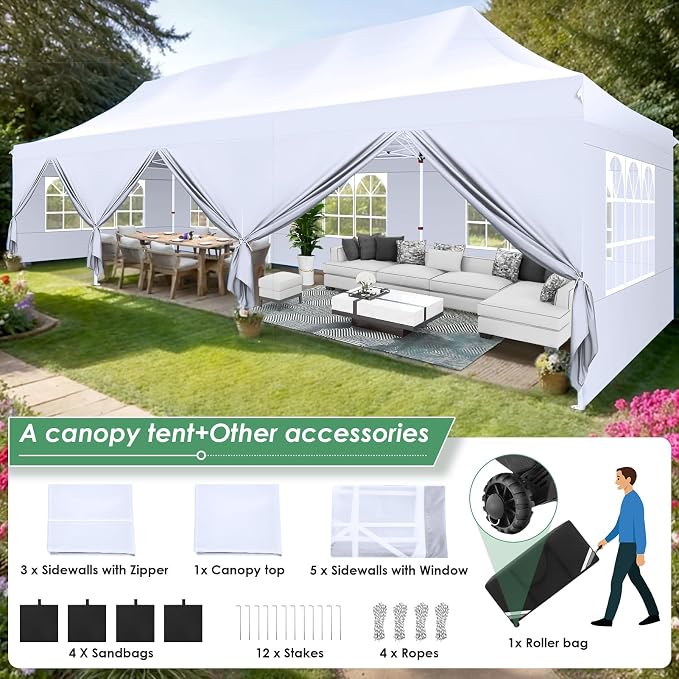 COBIZI 10x30 Pop Up Canopy with 8 Removable Sidewalls Party Tents for Parties Wedding Patio Commercial Waterproof and UV50+ Ez Outdoor Instant Gazebo with Roller Bag & 4 Sandbags（Swan White）