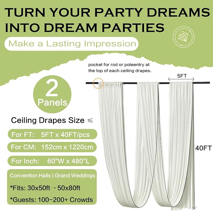10ftx40ft Ivory Ceiling Curtain for Wedding Parties – 2 Panels Wrinkle-Free 40 FT Long Tent Draping Curtains for Wedding, Birthday & Theme Parties, 40ft Height with Rod Pocket