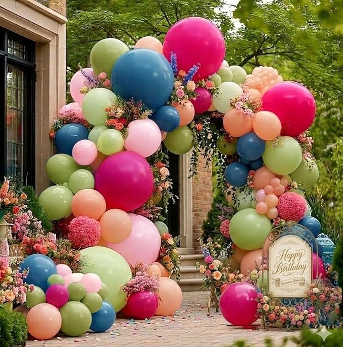 Hot Pink Green Blue Balloon Arch Kit Double Stuffed Dark Pink Olive Green Denim Blue Light Orange Magenta Peach Balloon Garland for Birthday Baby Shower Flower Wedding Summer Party Decoration
