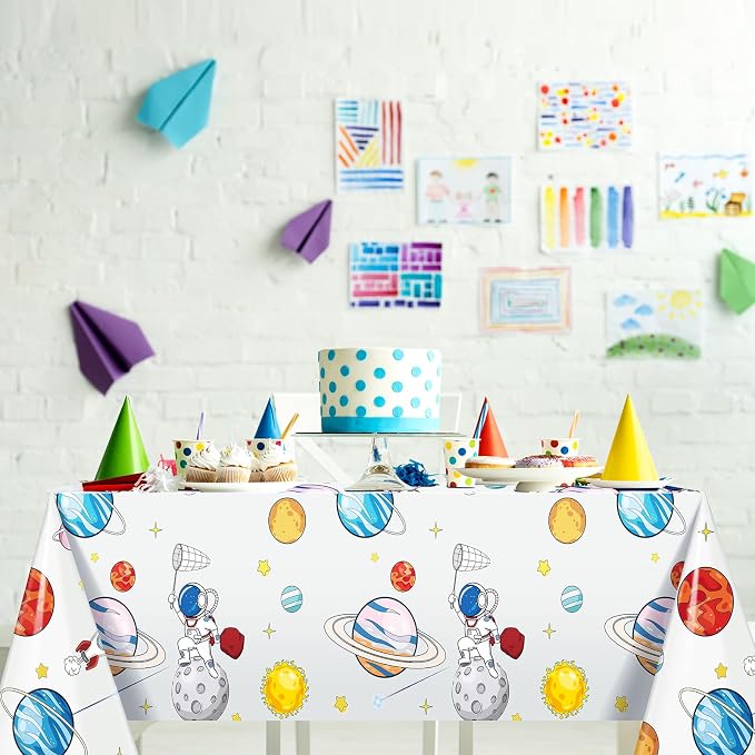 Oudain 6 Pcs Space Tablecloth Decorations Plastic Galaxy Table Cloth Space Theme Birthday Party Supplies for Boy Spaceship Planet Astronaut Rockets Disposable Table Covers, 54 x 108 Inch (White Style)