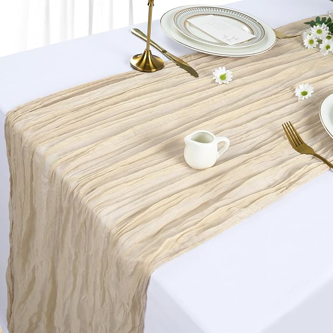 6 Pack Beige Cheesecloth Table Runner 10Ft Spring Gauze Cheese Cloth Table Runner 35x120 Inch Boho Sheer Rustic Fabric for Party Decor Baby Shower Wedding Holiday Decorations
