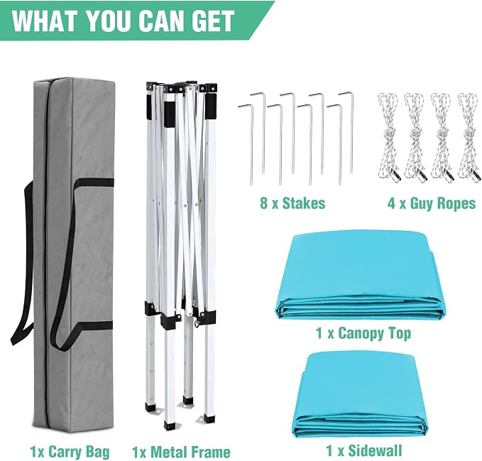 5x5 Pop Up Canopy Tent with One Sidewall, Instant Portable Beach Canopy, Outdoor Tent with Carry Bag for Camping, Sports, Tailgating, Events, Light Blue