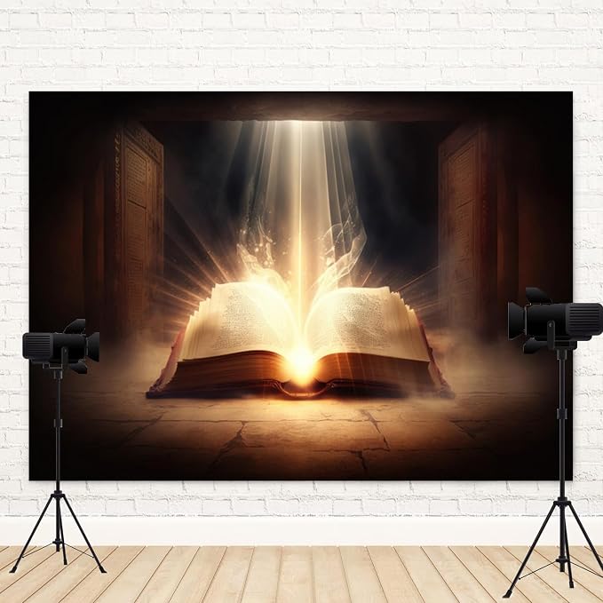 12x10ft Bible Backdrop Holy Glowing Opened Book Photography Background Jesus Christ Christian Religious Belief Church Sanctuary Baby Shower Banner Decorations Easter Portrait Photo Booth Prop