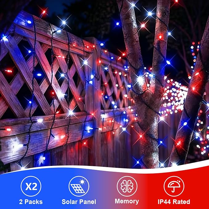 QITONG Red White and Blue Solar String Lights, 2 Pack Each 33ft 100 LED 4th of July Lights Outdoor Waterproof, 8 Modes Green Wire Solar Patriotic Lights for Independence Memorial Day