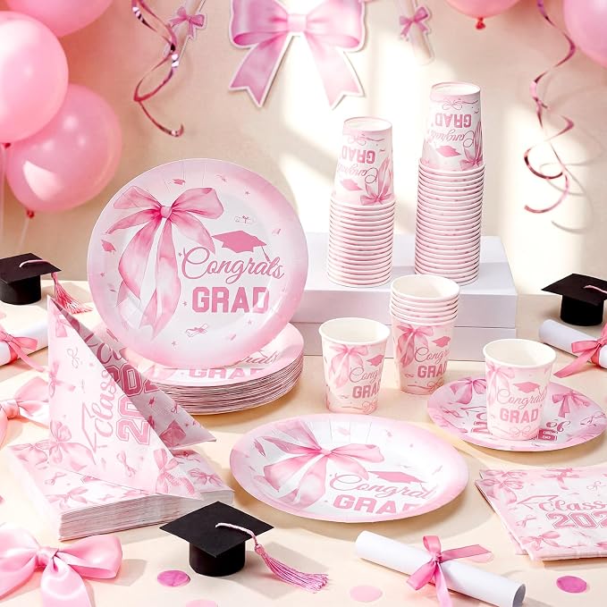Hsei 250 Pcs Pink Graduation Disposable Plates and Napkins Bow Congrats Grad Disposable Tableware Set for 50 Guests Pink Paper Plates Napkins Cups for Girls Nurses Graduation Party Supplies