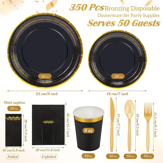 350 Pcs Black and Gold Plastic Plates Disposable Graduation Party Dinnerware Set for 50 Guests 9'' Dinner Silverware 7'' Dessert Plates Cups Napkins Knives Forks Spoons for Wedding Birthday Retirement