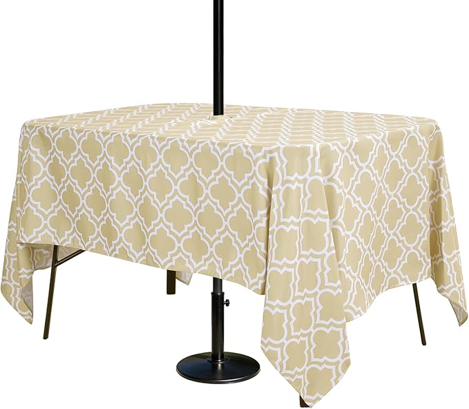 Poise3EHome Outdoor Tablecloth Rectangle with Umbrella Hole Waterproof Spillproof for Patio Table Picnic Camping Spring Summer, Khaki (60X104 Zipper)
