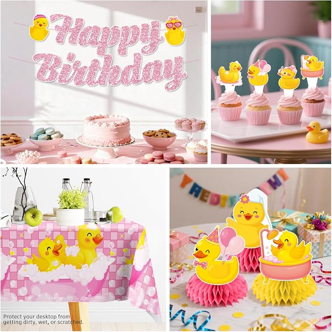 215PCS Pink Duck Birthday Decorations Tableware Set, 25 Serves Disposable Plates and Napkins Set, with Candles, Centerpieces, Banner, Tablecloth, for Duck Party Decorations