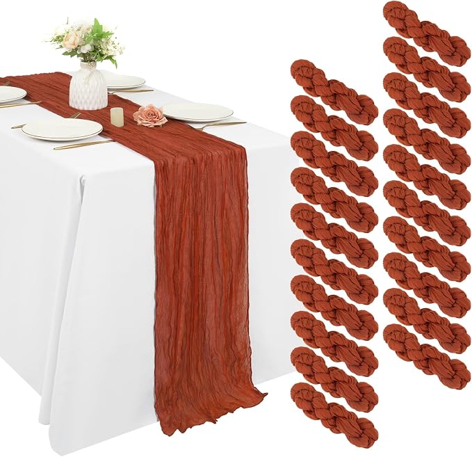 20 Pack Cheesecloth Table Runner 17 x 108 inch Long Boho Gauze Table Runners Semi Sheer Table Runner for Wedding Decor, Baby Shower, Birthday Party, Banquet (Terracotta)