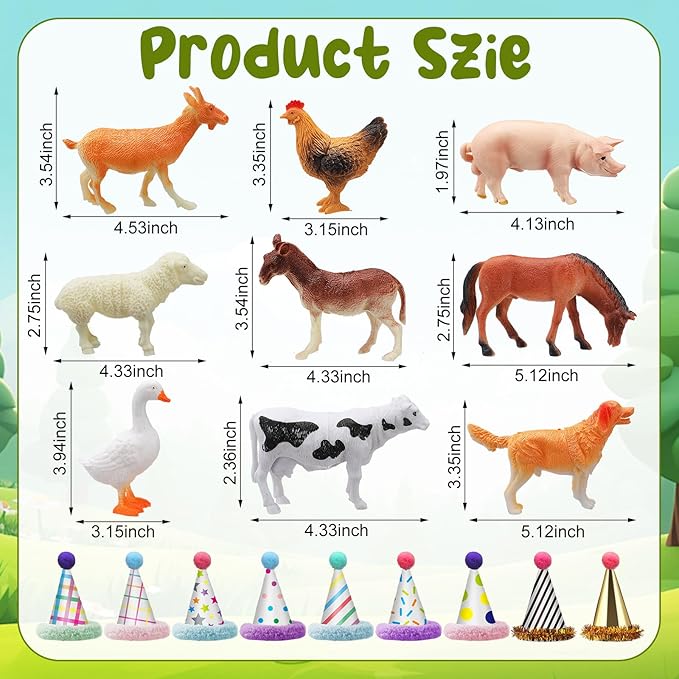 Colingmill 18 Pcs Farm Animal Birthday Party Decorations Mini Birthday Hat Animal Figure Model Cake Toppers with Mini Hat for Birthday Party, Animals Themed Party