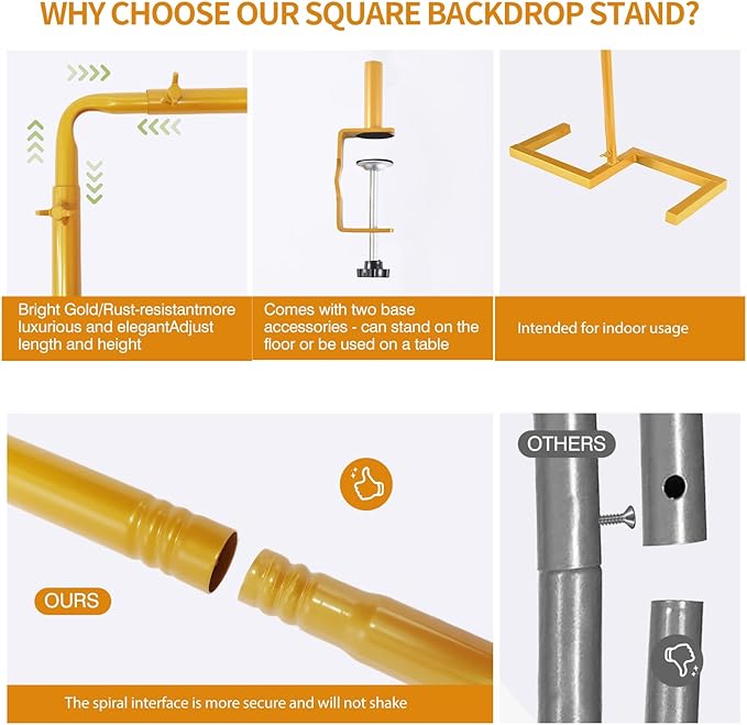 8.2FT Square Arch Backdrop Stand,Metal Gold Backdrop Stand Heavy Duty Adjustable,Extra 2 Clamps Change Over The Table Rod Stand,Wedding Balloon Arch Stand for Valentine Parties Decoration