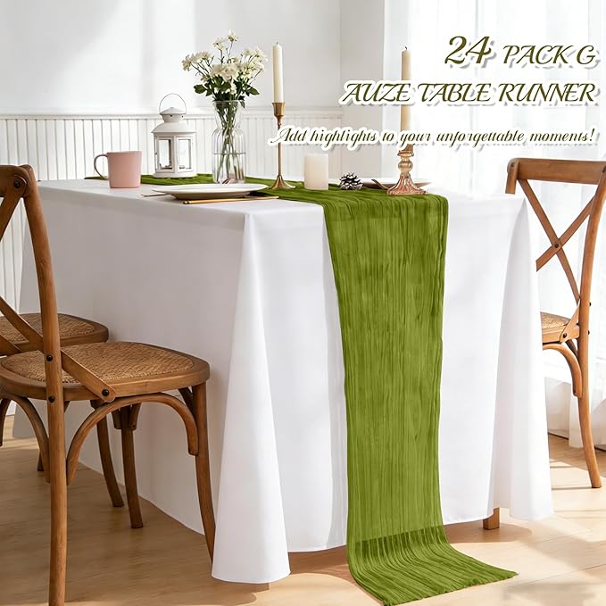 Pesonlook 24 Pack Cheesecloth Table Runner,Olive Green Table Runner Long Romantic Semi Sheer Rustic Boho Gauze Table Runners for Wedding Bridal Shower Birthday Party Decorations(17.7×108 Inch)