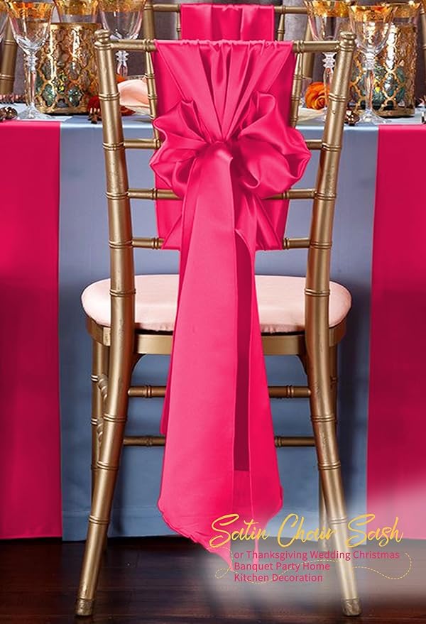 120 PCS Hot Pink Satin Chair Sashes, Ties Bows Designed Chairs Decorative, Chair Cover Sashes for Thanksgiving Wedding Christmas Banquet Party Home Kitchen Decoration (7 x 108 inch)