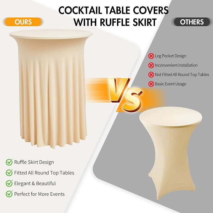 4 pk Champagne Cocktail Table Cloth Round 32×43in-High Top Highboy Bar Cocktail Tablecloths-Wrinkle Free Stretchy Fitted Spandex Table Covers with Ruffle Desk Skirt for Wedding Banquet Party Tables