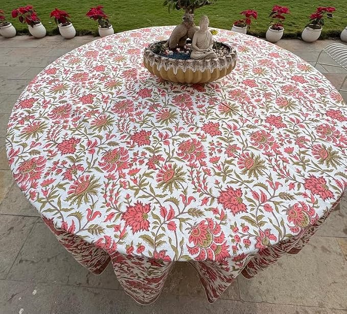 Ridhi Round Tablecloth Hand Block Print 100% Cotton Reusable New York Pink 110 Inch Table Cover Decorative Everyday Use for Dining, Home, Party, Wedding, Farmhouse, Party Gift for Spring, Mother's Day