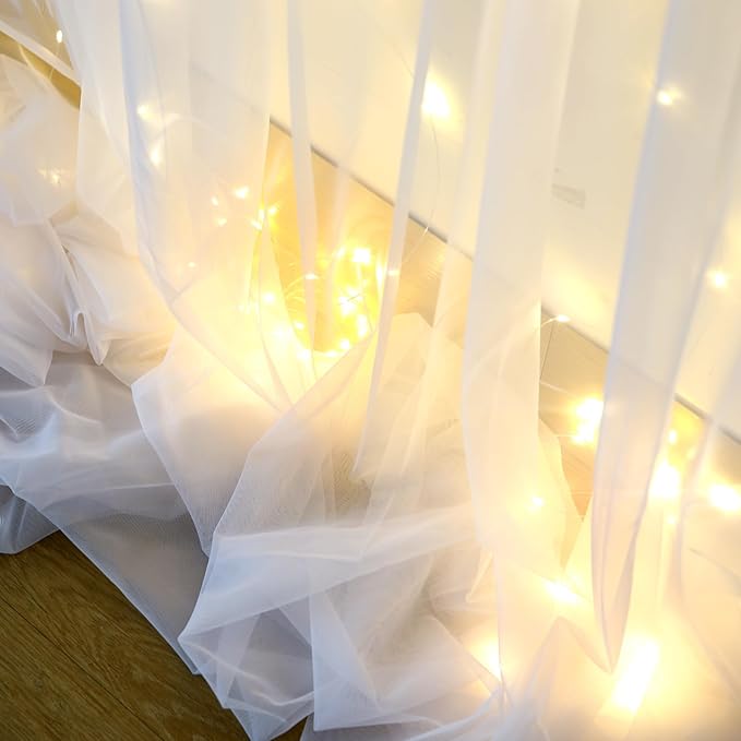 20×15ft White Tulle Backdrop Curtain with Lights String for Parites Sheer Fabric Backdrop Curtains White Backdrop Drapes for Wedding Baby Shower Birthday Party Photo Shoot Background 4 Panels 5ft×15ft