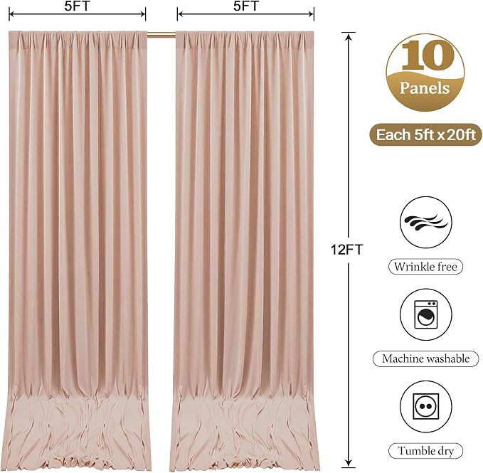 10ftx12ft Wrinkle Free Nude Backdrop Curtain, 10 Panels 12FT Long Wedding Photo Backdrop Drapes, Silky Polyester Back Drop Cloth for Birthday Photography Background Party Backdrop Draping