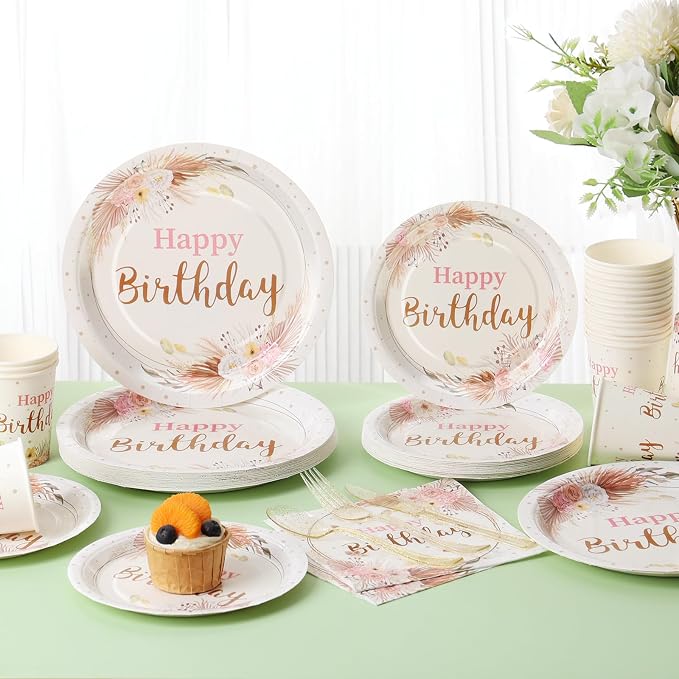 Boho Birthday Decorations for Women, Neutral Birthday Plates and Napkins Party Supplies 168Pcs, Happy Birthday Plates and Napkins Set for Boho Floral Champagne Cream Beige Party, Serve 24